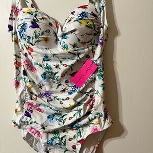 Betsey Johnson White Floral One-Piece Swimsuit with Multicolor Blooms